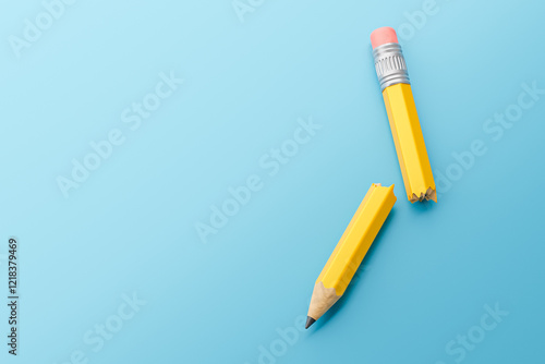 Broken pencil in half on a blue background. 3d render
