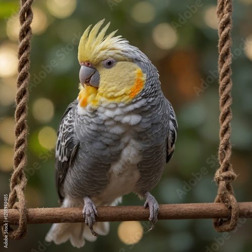 Cockatiel in a Small Decorative Cage. A parrot perched on a swing inside a birdcage. 
