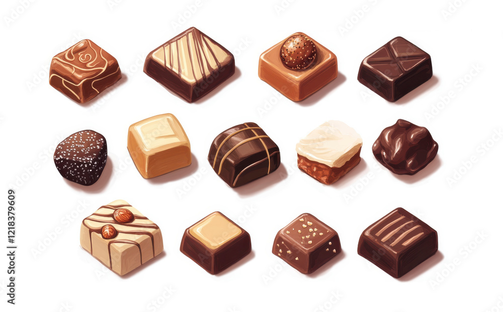 Assorted chocolate pieces on a white background Assorted chocolate pieces on a white background