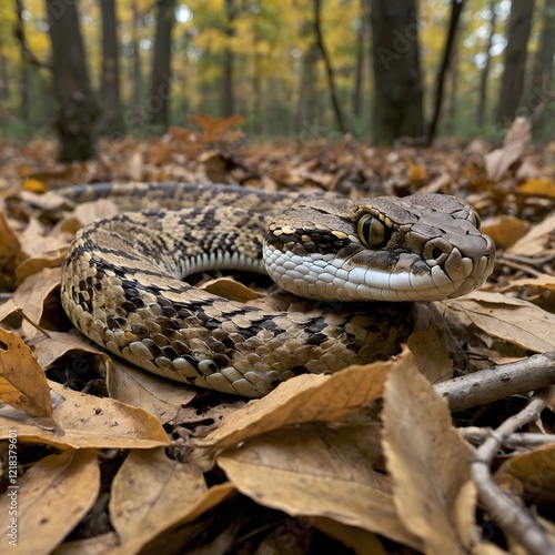 I'm freepik contributor. give me description forViper Camouflaged in Leaves: A viper perfectly camouflaged among fallen leaves and twigs, demonstrating its ability to blend into its environment. photo