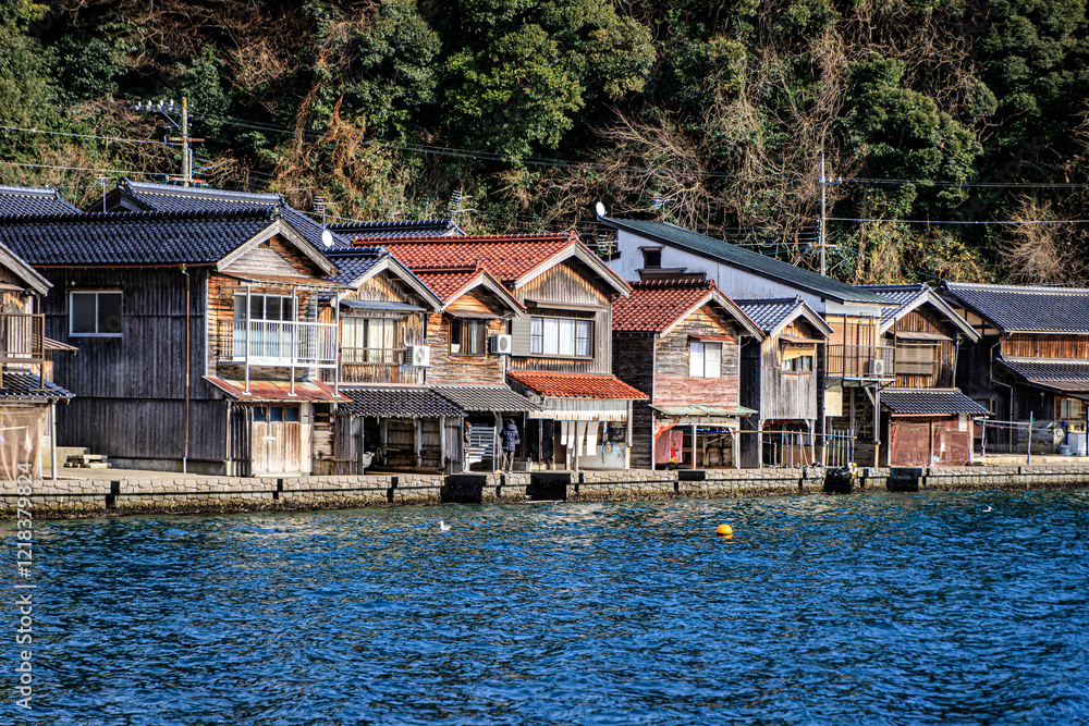 Row of Traditional Japanese Boat Houses Along Waterfront, Ine, Kyoto, Japan Row of Traditional Japanese Boat Houses Along Waterfront, Ine, Kyoto, Japan