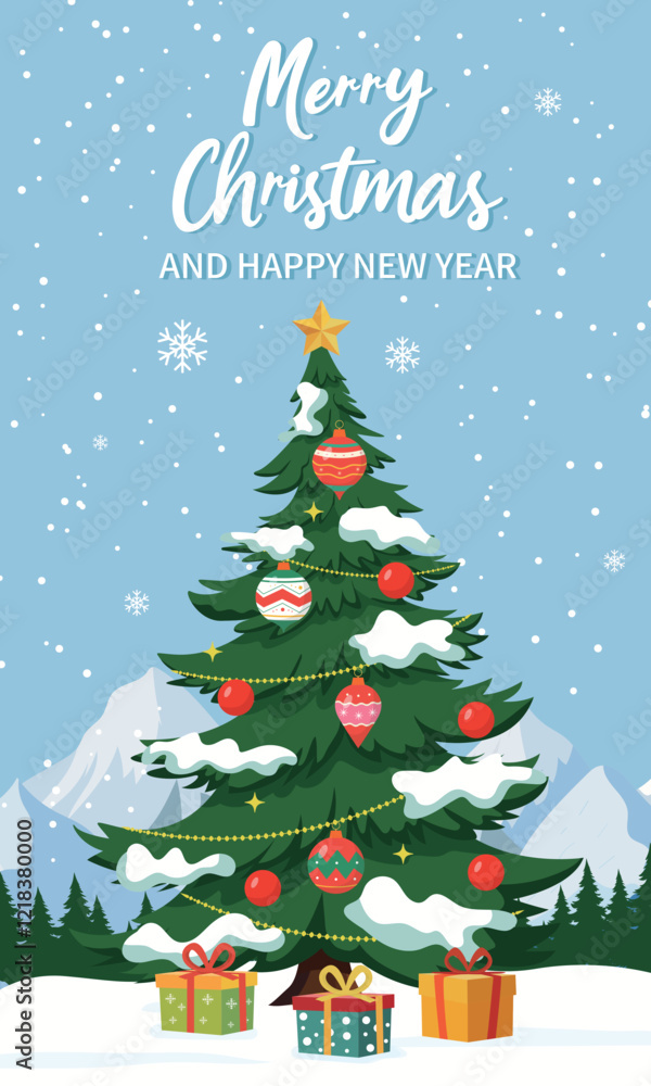 Merry Christmas Greeting Card Design with Christmas Tree and Gifts Merry Christmas Greeting Card Design with Christmas Tree and Gifts