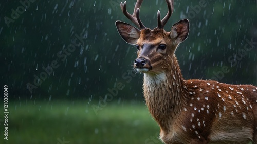 Rainy Reflection: Visayan Spotted Deer Staring Thoughtfully in the Downpour photo