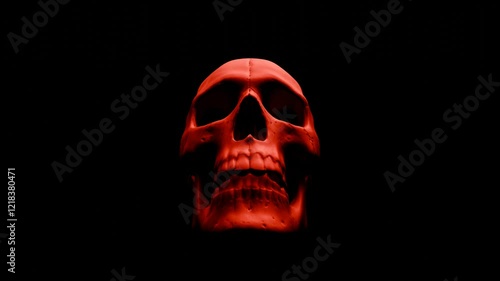 3D Rendered Human Skull Spinning with Red Horror Effects on Black Backdrop photo