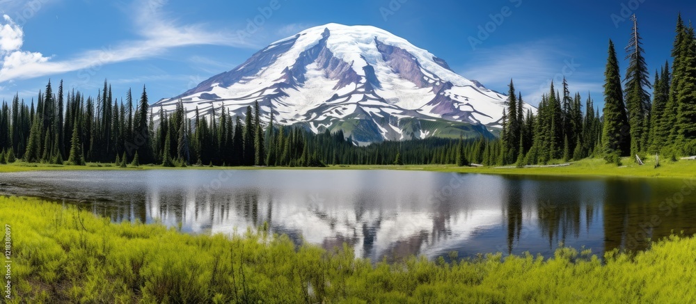 Majestic green mountain landscape reflecting in serene lake with vibrant greenery in foreground under clear blue sky showcasing natural beauty.
