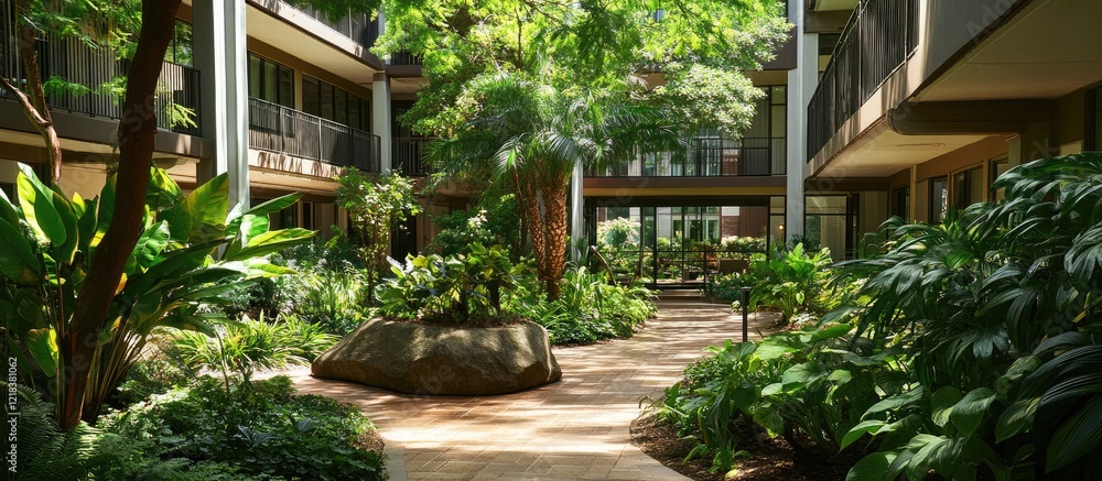 Tranquil green courtyard featuring vibrant greenery with lush plants and a sunlit path surrounded by serene architecture in a peaceful setting Tranquil green courtyard featuring vibrant greenery with lush plants and a sunlit path surrounded by serene architecture in a peaceful setting