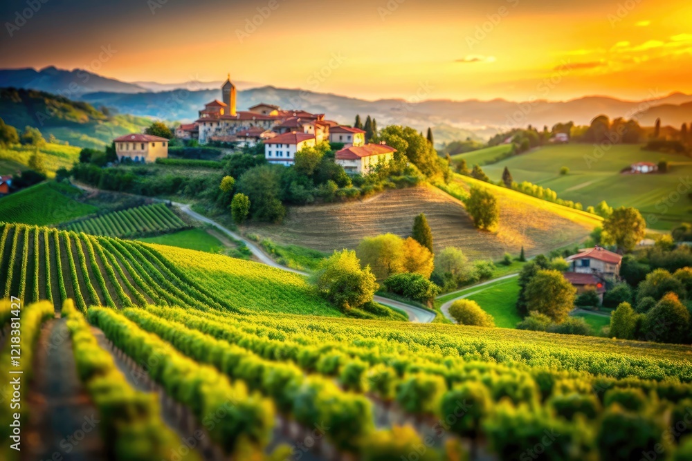 Fototapeta premium Miniature San Marzano Oliveto vineyards in Asti, Italy; picturesque tilt-shift countryside.