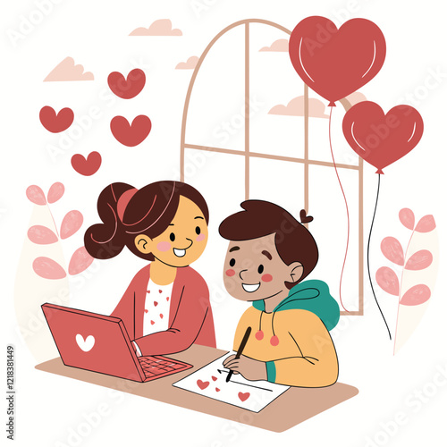 Valentine day girl and boy working