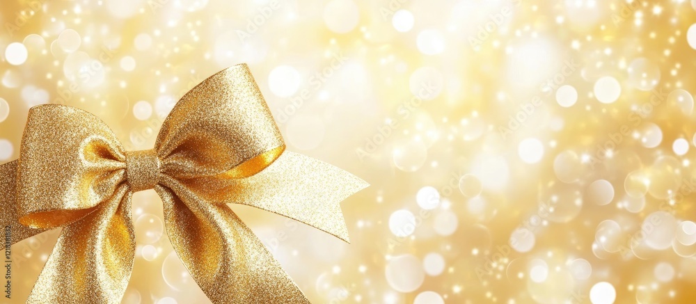 Golden bow elegantly positioned left against a soft white bokeh background with warm golden tones creating a delightful festive atmosphere