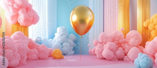 Wallpaper Mural Gold balloon suspended in a studio with pastel pink and blue clouds, vibrant colors, and festive decorations celebrating birthdays for ages 1 to 15. Torontodigital.ca