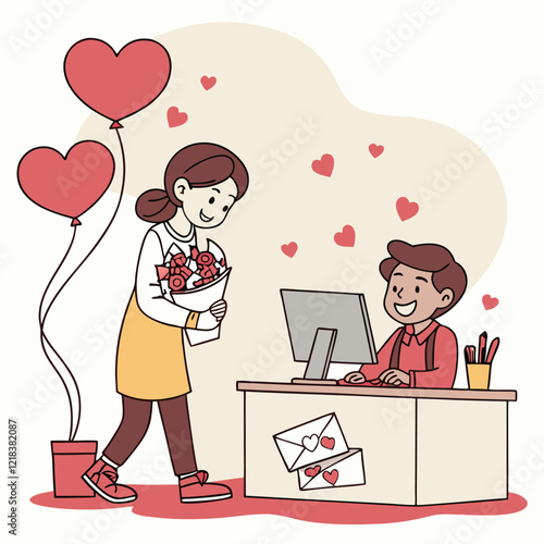 Valentine day girl and boy working