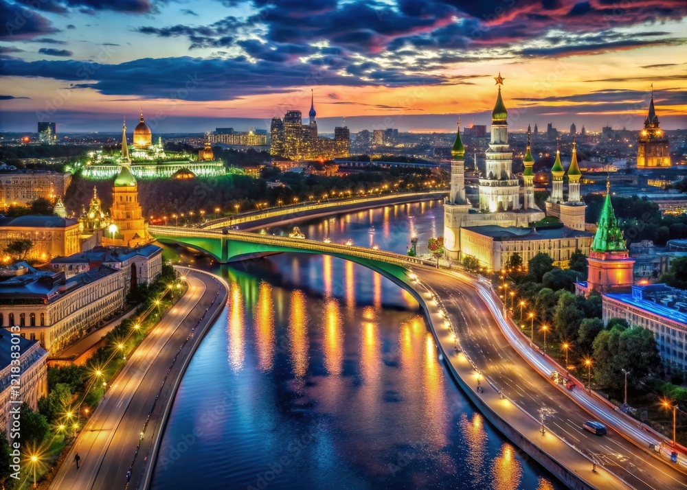 Obraz premium Moscow's nocturnal beauty: Kremlin, river, and city lights illuminate the Russian night sky.
