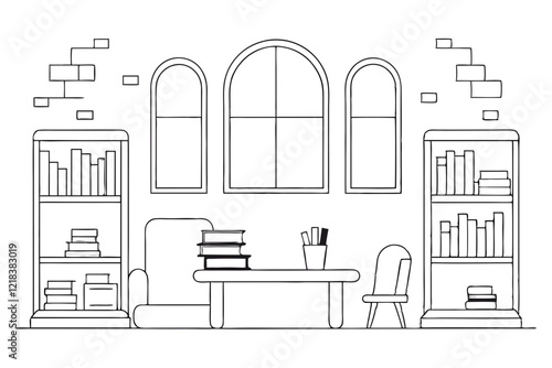 Vector Illustration of a Spacious Reading Room Interior in Line Art