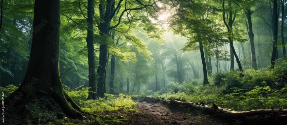 Obraz premium Lush green forest path with sunlit canopy and vibrant foliage, showcasing rich biodiversity and the importance of afforestation for ecosystems.