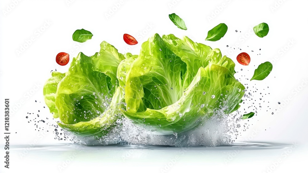 Obraz premium Fresh Lettuce and Tomatoes Splashing in Water