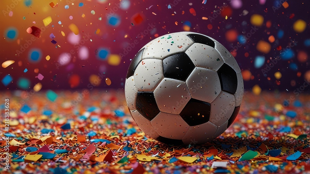 Naklejka premium Soccer Ball, Confetti, Colorful Background