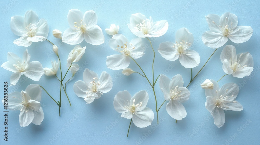 Obraz premium Delicate White Flowers Arranged on Light Blue Background