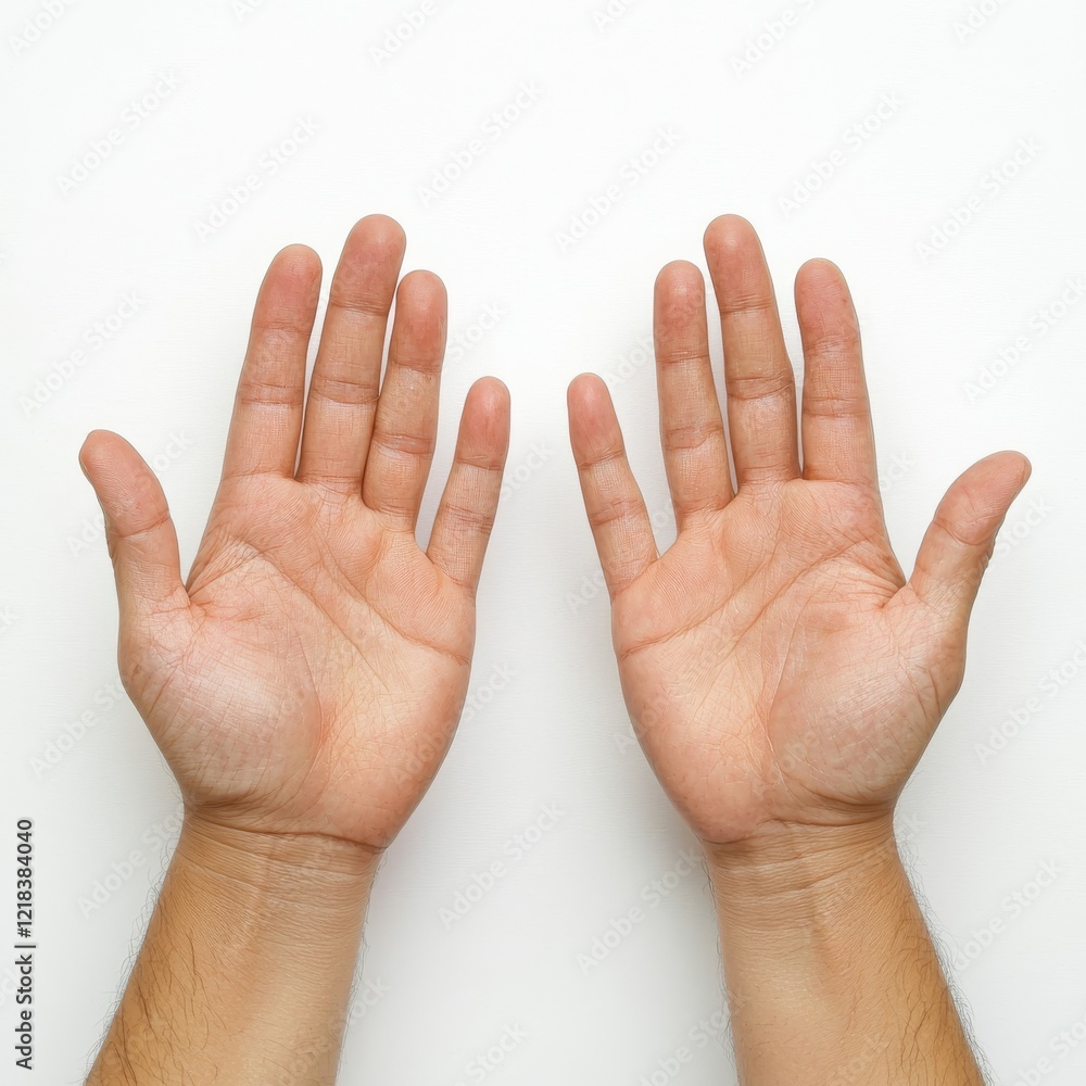 Two open hands are displayed side by side against a plain white background, showcasing a natural skin tone and relaxed fingers. Two open hands are displayed side by side against a plain white background, showcasing a natural skin tone and relaxed fingers.