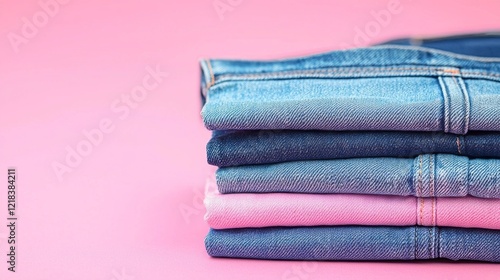 A neatly folded arrangement of denim jeans in varying blue tones and a light pink. The gentle curves and textures contrast beautifully against the playful pink backdrop, showcasing timeless style photo