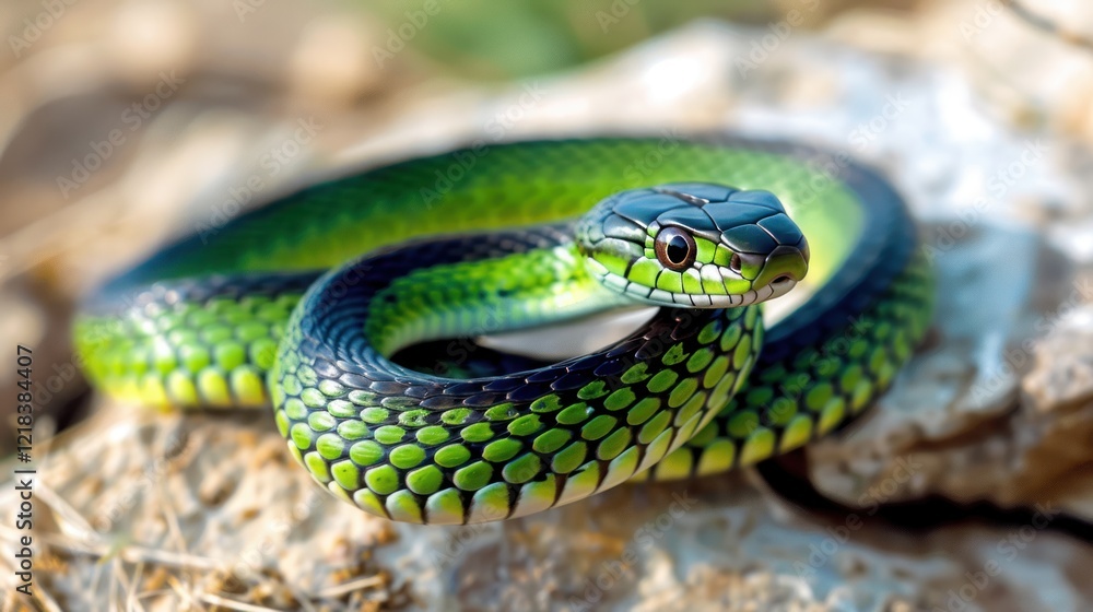 Green snake looking at the camera on a rock, AI generated image Green snake looking at the camera on a rock, AI generated image
