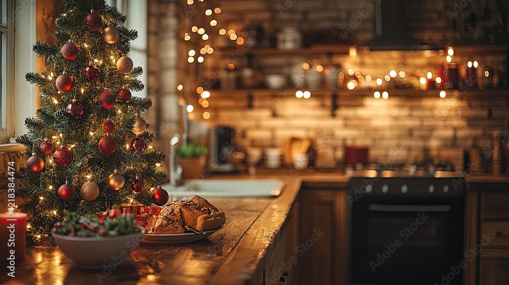 Festive Kitchen Background with a Christmas Tree and Twinkling Lights, Perfect for Holiday Cooking and Family Gatherings Festive Kitchen Background with a Christmas Tree and Twinkling Lights, Perfect for Holiday Cooking and Family Gatherings