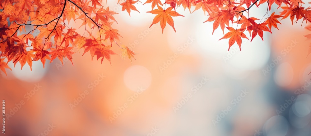 Blurry autumn background featuring vibrant red and orange maple leaves with soft bokeh effect in shades of blue and warm tones at the edges. Blurry autumn background featuring vibrant red and orange maple leaves with soft bokeh effect in shades of blue and warm tones at the edges.