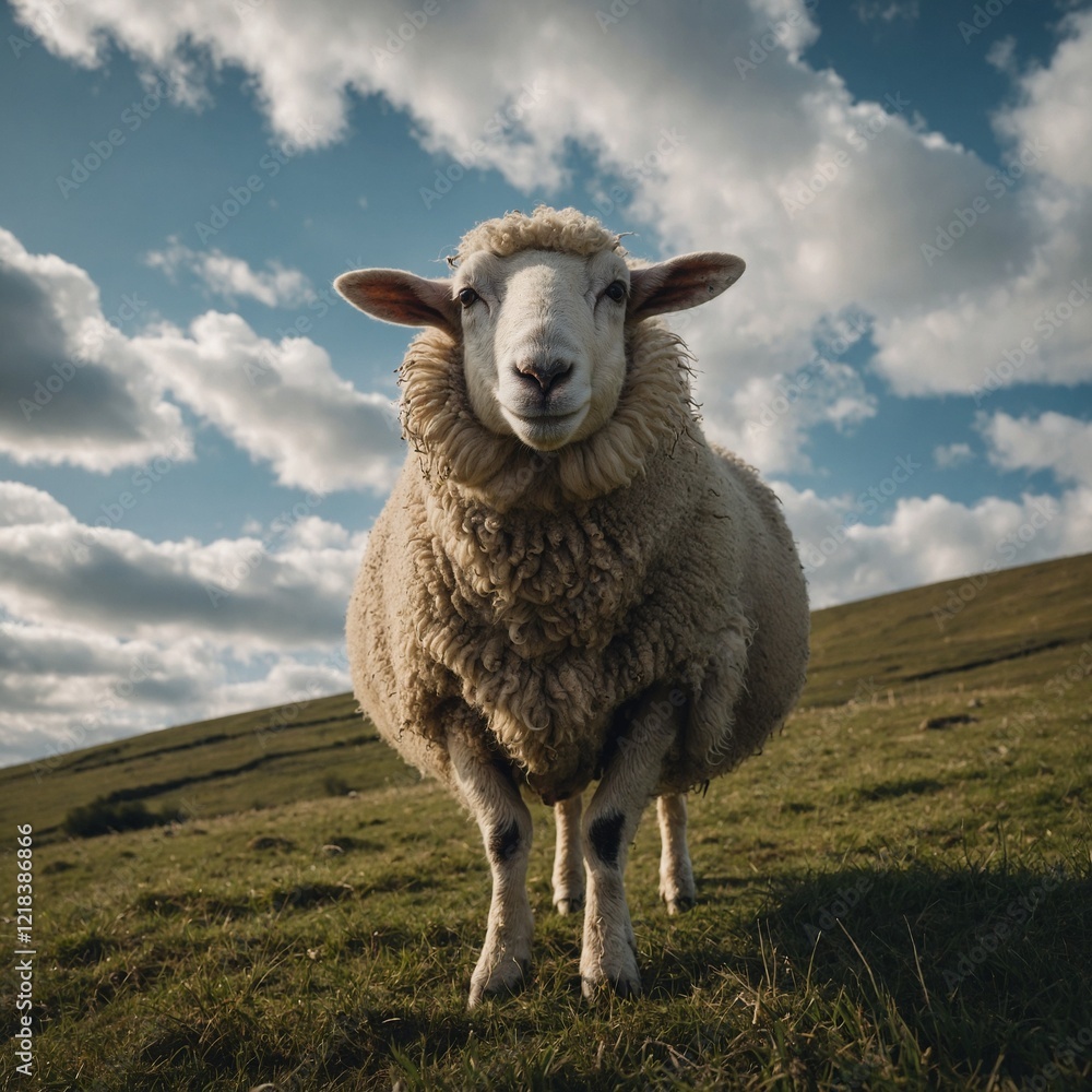 Obraz premium A sheep with a woolly coat walking along a dirt road.