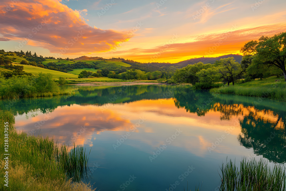 Fototapeta premium Golden Sunset Over Tranquil Lake with Rolling Hills and Lush Green Trees