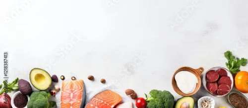 Panel kuchenny z motywem Healthy keto diet ingredients arranged on a white concrete background featuring salmon, vegetables, avocados, nuts, and berries in vibrant colors.