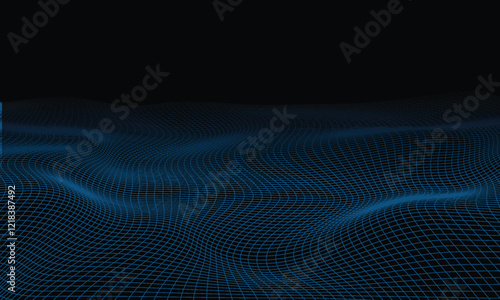 Wireframe Landscape Wire with Depth of Field Effect. 3D Topographic map background concept. Geography concept. Wavy backdrop. Space surface HUD Design Element.