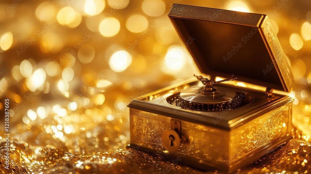 Antique music box with intricate design resting on a sparkling golden surface during a glamorous setting