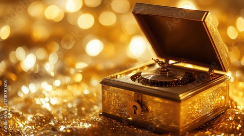 Obraz na płótnie Antique music box with intricate design resting on a sparkling golden surface during a glamorous setting w salonie