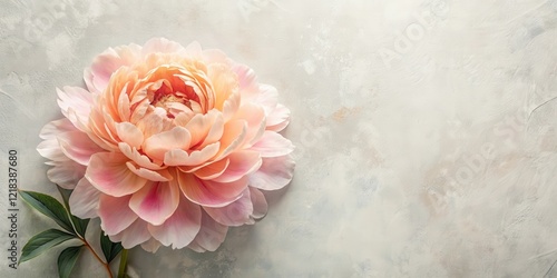 A vibrant Peony flower in shades of pale coral and blush pink with its lush petals layered on a textured white paper background, featuring a subtle leaf pattern , blush pink, botanical