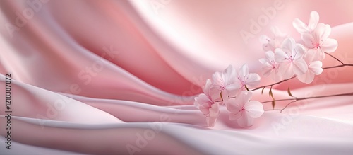 Elegant light pink satin backdrop featuring soft folds and delicate cherry blossom accents on the left for enhancing product photography. photo