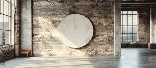 Large round white banner sign mounted on a rustic textured brown brick wall with natural light casting shadows in a spacious industrial setting photo