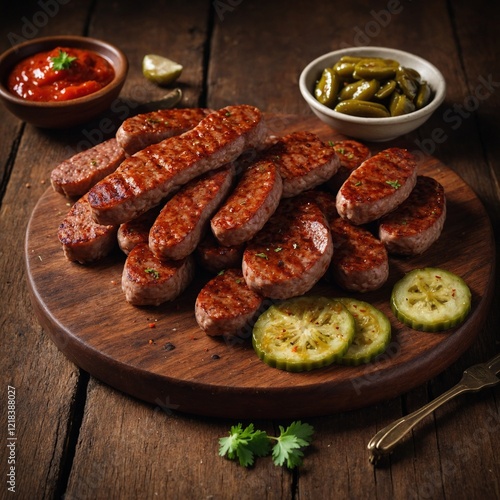 Turkish sucuk (spicy sausage) slices grilled and served on a wooden board with pickles.