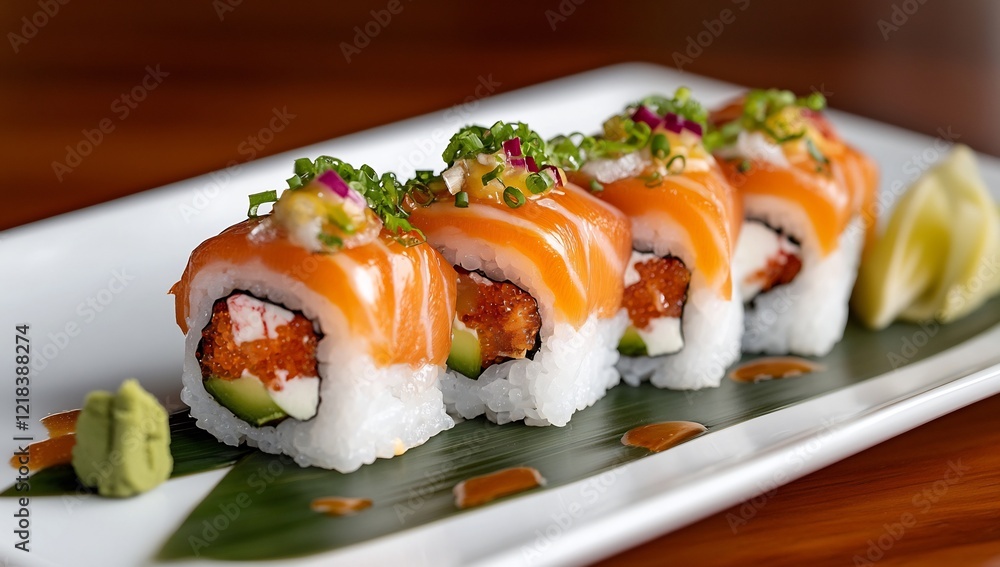 Salmon sushi rolls on a plate. Restaurant food photography Salmon sushi rolls on a plate. Restaurant food photography