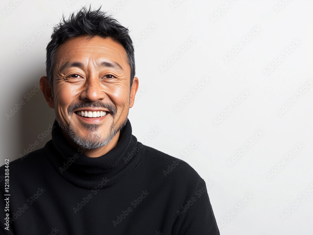 Smiling Man in Turtleneck Sweater Poses Against a Neutral Background, Showcasing Confidence and Warmth Smiling Man in Turtleneck Sweater Poses Against a Neutral Background, Showcasing Confidence and Warmth