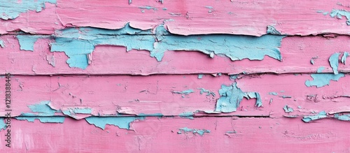 Peeling pink wood texture background with blue paint accents creating a vibrant horizontal banner showcasing rustic charm and character.