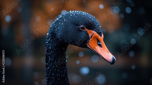 Black swan portrait, autumn park, rain, bokeh