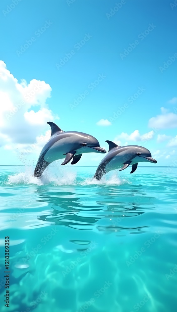 Fototapeta premium Friendship concept: two dolphins jumping side by side in ocean