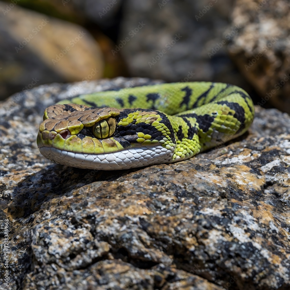 Pit Viper Hidden on a Rock, Seamlessly Blending with Its Natural Environment Pit Viper Hidden on a Rock, Seamlessly Blending with Its Natural Environment