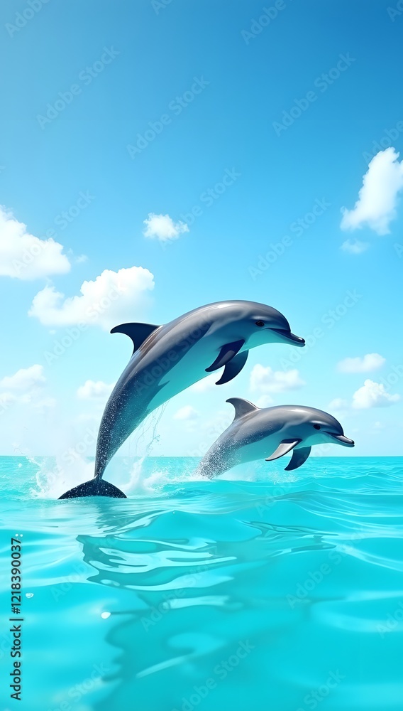 Fototapeta premium Cute dolphins in turquoise tropical sea under sunny sky