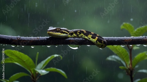 Pit Viper Clinging to a Branch in the Rainstorm, Its Scales Glistening photo