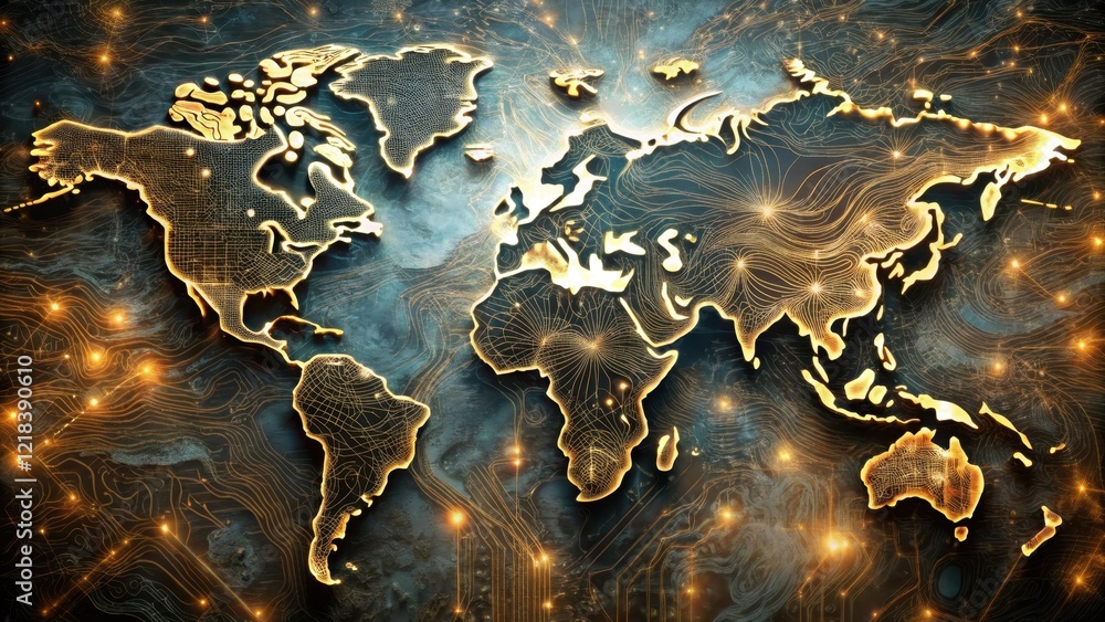 Global Network Connections A Futuristic World Map Illustration Featuring Illuminated Lines and a Detailed Embossed Design