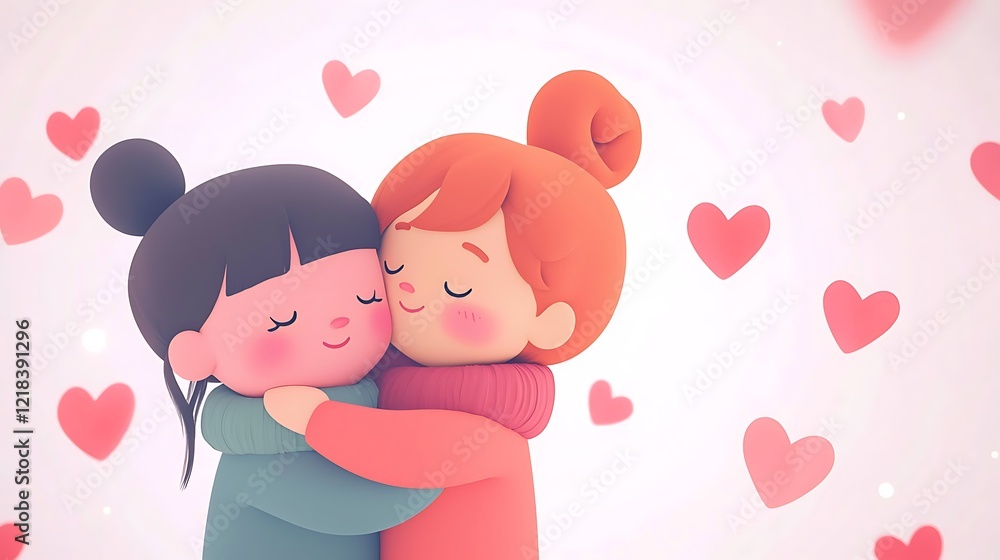Two cartoon girls hugging each other with hearts surrounding them Two cartoon girls hugging each other with hearts surrounding them