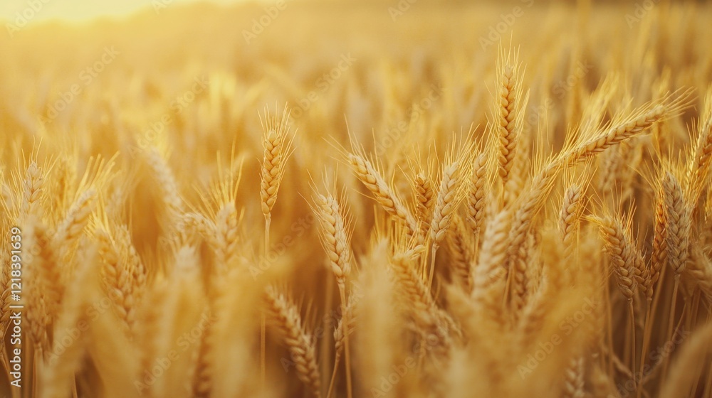 Fototapeta premium Golden wheat field ready for harvest at sunset, tranquil landscape