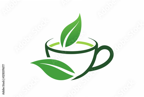 A minimalist tea cup and green leaf combination logo design vector art illustration.