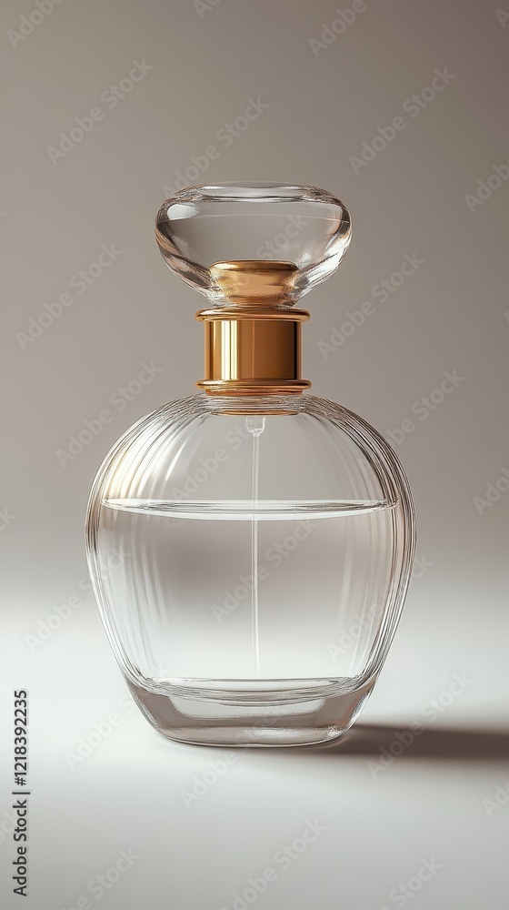 Experience the allure of a sleek, clear glass perfume bottle adorned with a luxurious gold cap, perfectly embodying elegance and sophistication in a softly illuminated atmosphere Experience the allure of a sleek, clear glass perfume bottle adorned with a luxurious gold cap, perfectly embodying elegance and sophistication in a softly illuminated atmosphere