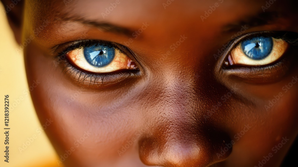 Close up of a child with striking blue eyes against a soft, blurred background, showcasing the contrast of skin tone and eye color, evoking a sense of mystery and beauty Close up of a child with striking blue eyes against a soft, blurred background, showcasing the contrast of skin tone and eye color, evoking a sense of mystery and beauty
